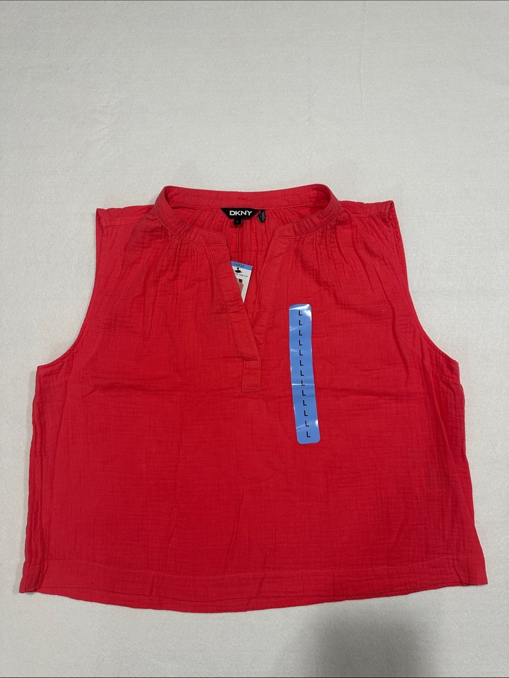 DKNY Women’s Bright Coral Sleeveless Split-Neck Cotton Gauze Tank Top